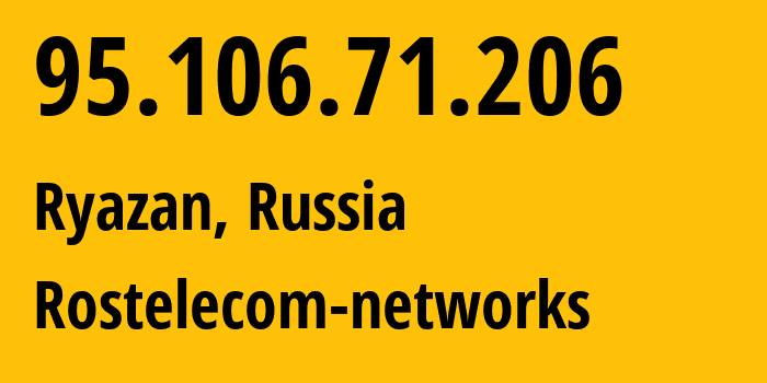 IP address 95.106.71.206 (Ryazan, Ryazan Oblast, Russia) get location, coordinates on map, ISP provider AS12389 Rostelecom-networks // who is provider of ip address 95.106.71.206, whose IP address