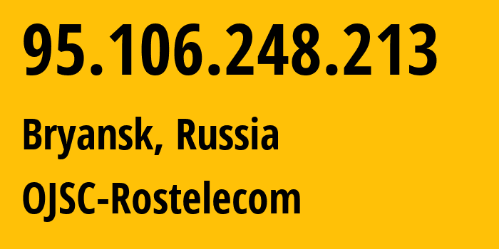 IP address 95.106.248.213 (Vladimir, Vladimir Oblast, Russia) get location, coordinates on map, ISP provider AS12389 OJSC-Rostelecom // who is provider of ip address 95.106.248.213, whose IP address