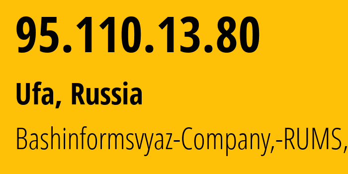 IP-адрес 95.110.13.80 (Уфа, Башкортостан, Россия) определить местоположение, координаты на карте, ISP провайдер AS28812 Bashinformsvyaz-Company,-RUMS,-DSL // кто провайдер айпи-адреса 95.110.13.80