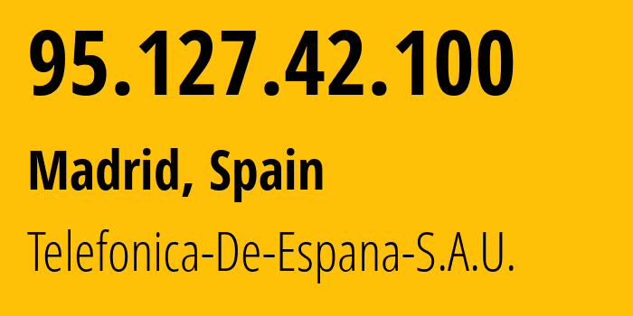 IP-адрес 95.127.42.100 (Мадрид, Область Мадрид, Испания) определить местоположение, координаты на карте, ISP провайдер AS3352 Telefonica-De-Espana-S.A.U. // кто провайдер айпи-адреса 95.127.42.100