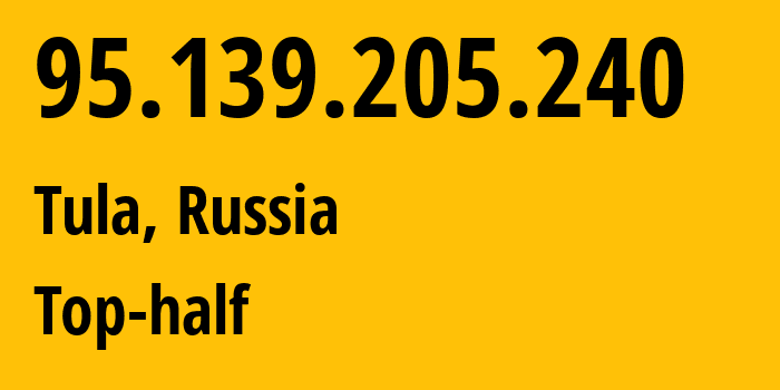 IP-адрес 95.139.205.240 (Тула, Тульская Область, Россия) определить местоположение, координаты на карте, ISP провайдер AS12389 Top-half // кто провайдер айпи-адреса 95.139.205.240