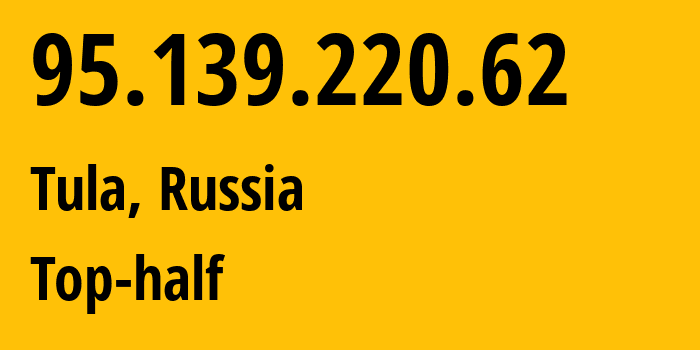 IP address 95.139.220.62 (Tula, Tula Oblast, Russia) get location, coordinates on map, ISP provider AS12389 Top-half // who is provider of ip address 95.139.220.62, whose IP address