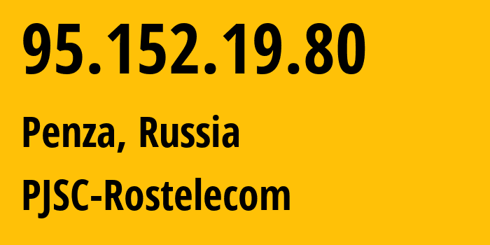 IP address 95.152.19.80 (Penza, Penza Oblast, Russia) get location, coordinates on map, ISP provider AS12389 PJSC-Rostelecom // who is provider of ip address 95.152.19.80, whose IP address