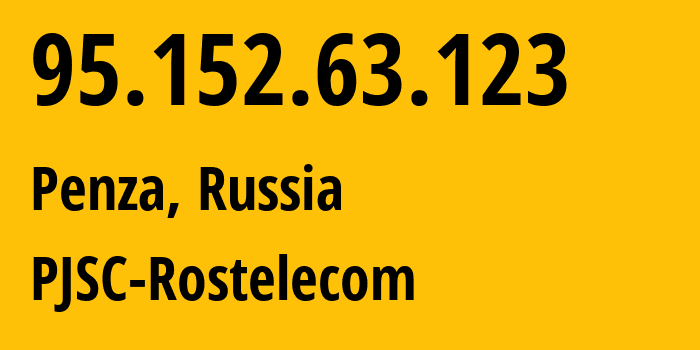 IP address 95.152.63.123 (Penza, Penza Oblast, Russia) get location, coordinates on map, ISP provider AS12389 PJSC-Rostelecom // who is provider of ip address 95.152.63.123, whose IP address