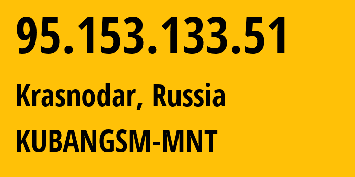 IP address 95.153.133.51 (Krasnodar, Krasnodar Krai, Russia) get location, coordinates on map, ISP provider AS29497 KUBANGSM-MNT // who is provider of ip address 95.153.133.51, whose IP address