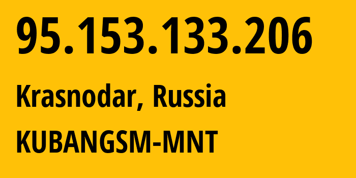 IP address 95.153.133.206 (Krasnodar, Krasnodar Krai, Russia) get location, coordinates on map, ISP provider AS29497 KUBANGSM-MNT // who is provider of ip address 95.153.133.206, whose IP address