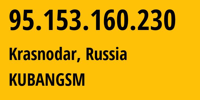 IP address 95.153.160.230 (Krasnodar, Krasnodar Krai, Russia) get location, coordinates on map, ISP provider AS8359 KUBANGSM // who is provider of ip address 95.153.160.230, whose IP address