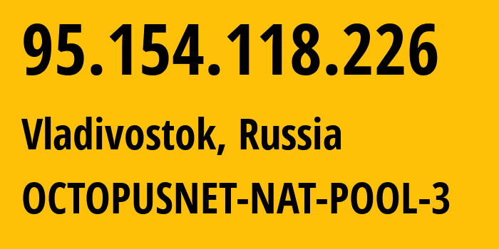 IP-адрес 95.154.118.226 (Владивосток, Приморский Край, Россия) определить местоположение, координаты на карте, ISP провайдер AS44724 OCTOPUSNET-NAT-POOL-3 // кто провайдер айпи-адреса 95.154.118.226