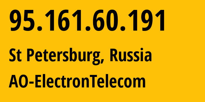 IP address 95.161.60.191 (St Petersburg, St.-Petersburg, Russia) get location, coordinates on map, ISP provider AS42065 AO-ElectronTelecom // who is provider of ip address 95.161.60.191, whose IP address