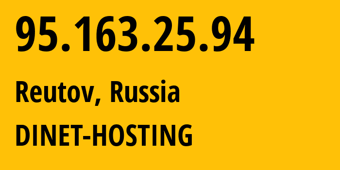 IP-адрес 95.163.25.94 (Реутов, Московская область, Россия) определить местоположение, координаты на карте, ISP провайдер AS12695 DINET-HOSTING // кто провайдер айпи-адреса 95.163.25.94