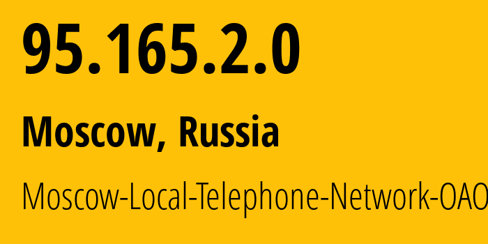 IP address 95.165.2.0 (Moscow, Moscow, Russia) get location, coordinates on map, ISP provider AS25513 Moscow-Local-Telephone-Network-OAO-MGTS // who is provider of ip address 95.165.2.0, whose IP address