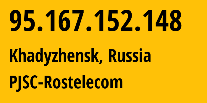 IP-адрес 95.167.152.148 (Хадыженск, Краснодарский край, Россия) определить местоположение, координаты на карте, ISP провайдер AS12389 PJSC-Rostelecom // кто провайдер айпи-адреса 95.167.152.148