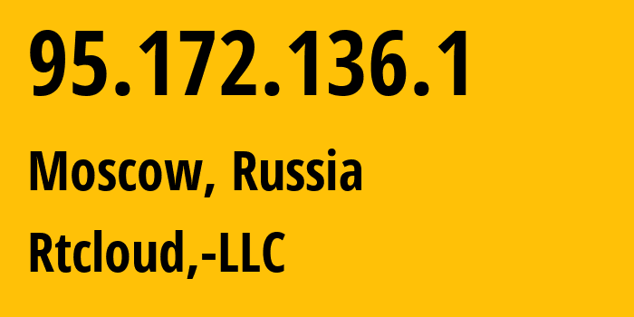 IP address 95.172.136.1 (Moscow, Moscow, Russia) get location, coordinates on map, ISP provider AS61111 Rtcloud,-LLC // who is provider of ip address 95.172.136.1, whose IP address