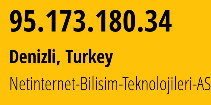 IP address 95.173.180.34 (Denizli, Denizli, Turkey) get location, coordinates on map, ISP provider AS51559 Netinternet-Bilisim-Teknolojileri-AS // who is provider of ip address 95.173.180.34, whose IP address