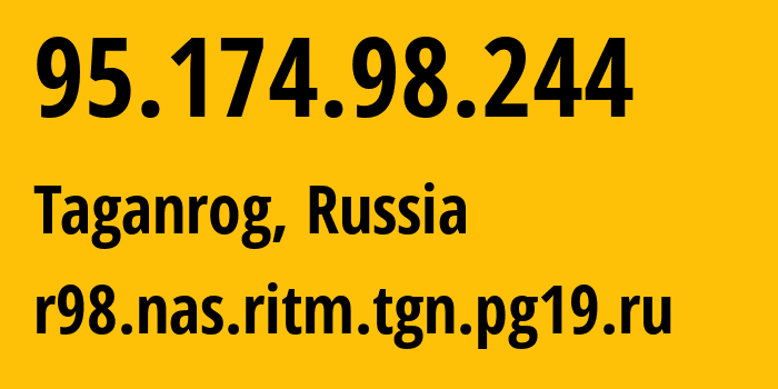 IP-адрес 95.174.98.244 (Таганрог, Ростовская Область, Россия) определить местоположение, координаты на карте, ISP провайдер AS49037 r98.nas.ritm.tgn.pg19.ru // кто провайдер айпи-адреса 95.174.98.244
