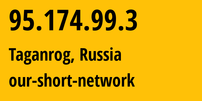 IP address 95.174.99.3 (Taganrog, Rostov Oblast, Russia) get location, coordinates on map, ISP provider AS49037 our-short-network // who is provider of ip address 95.174.99.3, whose IP address