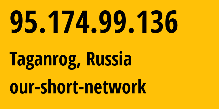 IP-адрес 95.174.99.136 (Таганрог, Ростовская Область, Россия) определить местоположение, координаты на карте, ISP провайдер AS49037 our-short-network // кто провайдер айпи-адреса 95.174.99.136