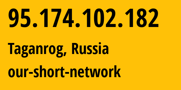 IP address 95.174.102.182 (Taganrog, Rostov Oblast, Russia) get location, coordinates on map, ISP provider AS49037 our-short-network // who is provider of ip address 95.174.102.182, whose IP address