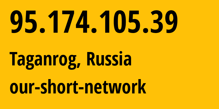 IP-адрес 95.174.105.39 (Таганрог, Ростовская Область, Россия) определить местоположение, координаты на карте, ISP провайдер AS49037 our-short-network // кто провайдер айпи-адреса 95.174.105.39