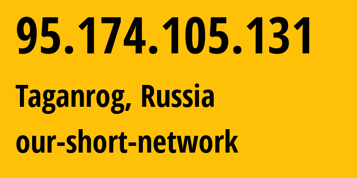 IP address 95.174.105.131 (Taganrog, Rostov Oblast, Russia) get location, coordinates on map, ISP provider AS49037 our-short-network // who is provider of ip address 95.174.105.131, whose IP address