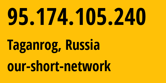 IP address 95.174.105.240 (Taganrog, Rostov Oblast, Russia) get location, coordinates on map, ISP provider AS49037 our-short-network // who is provider of ip address 95.174.105.240, whose IP address