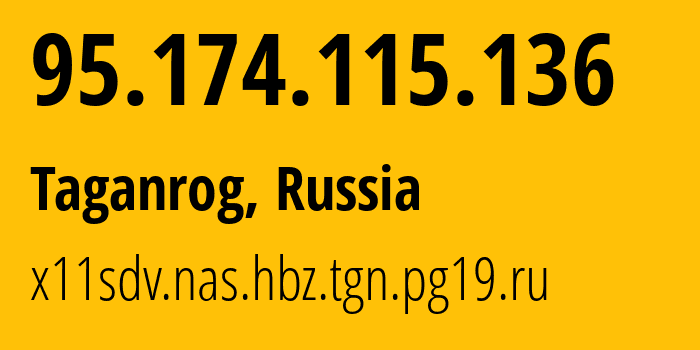 IP address 95.174.115.136 (Taganrog, Rostov Oblast, Russia) get location, coordinates on map, ISP provider AS49037 x11sdv.nas.hbz.tgn.pg19.ru // who is provider of ip address 95.174.115.136, whose IP address