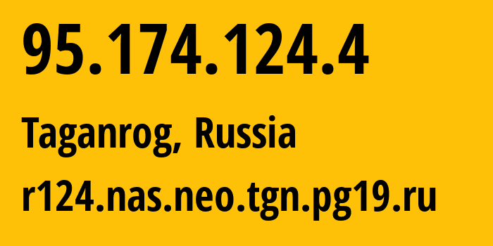 IP-адрес 95.174.124.4 (Таганрог, Ростовская Область, Россия) определить местоположение, координаты на карте, ISP провайдер AS49037 r124.nas.neo.tgn.pg19.ru // кто провайдер айпи-адреса 95.174.124.4