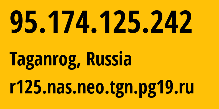 IP address 95.174.125.242 (Taganrog, Rostov Oblast, Russia) get location, coordinates on map, ISP provider AS49037 r125.nas.neo.tgn.pg19.ru // who is provider of ip address 95.174.125.242, whose IP address