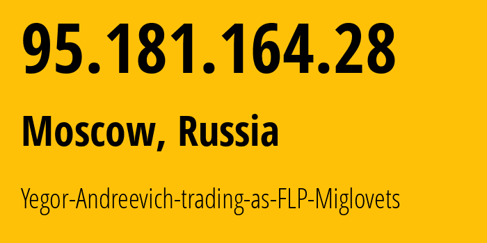 IP-адрес 95.181.164.28 (Москва, Москва, Россия) определить местоположение, координаты на карте, ISP провайдер AS210546 Yegor-Andreevich-trading-as-FLP-Miglovets // кто провайдер айпи-адреса 95.181.164.28