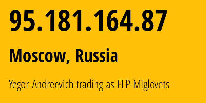 IP address 95.181.164.87 (Moscow, Moscow, Russia) get location, coordinates on map, ISP provider AS210546 Yegor-Andreevich-trading-as-FLP-Miglovets // who is provider of ip address 95.181.164.87, whose IP address