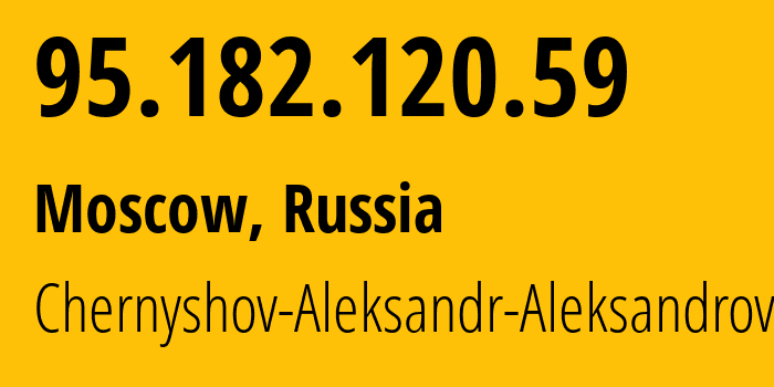 IP address 95.182.120.59 (Moscow, Moscow, Russia) get location, coordinates on map, ISP provider AS202984 Chernyshov-Aleksandr-Aleksandrovich // who is provider of ip address 95.182.120.59, whose IP address