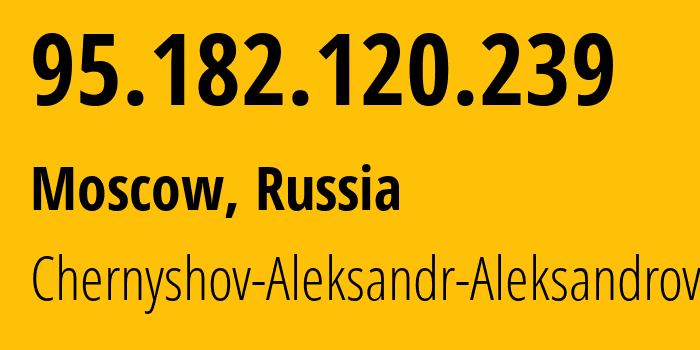IP address 95.182.120.239 (Moscow, Moscow, Russia) get location, coordinates on map, ISP provider AS202984 Chernyshov-Aleksandr-Aleksandrovich // who is provider of ip address 95.182.120.239, whose IP address