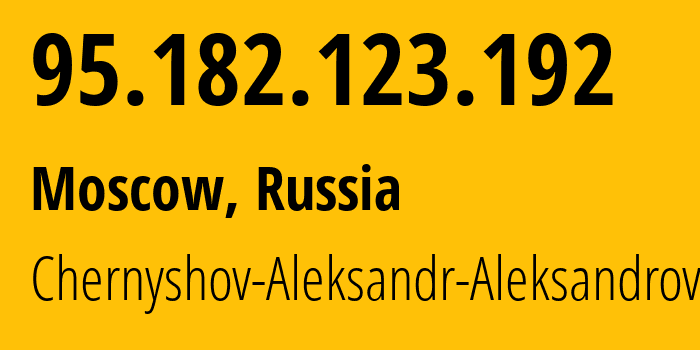 IP address 95.182.123.192 (Moscow, Moscow, Russia) get location, coordinates on map, ISP provider AS202984 Chernyshov-Aleksandr-Aleksandrovich // who is provider of ip address 95.182.123.192, whose IP address