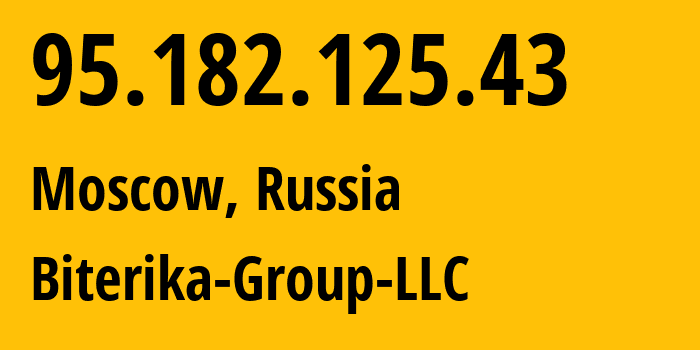 IP address 95.182.125.43 (Moscow, Moscow, Russia) get location, coordinates on map, ISP provider AS35048 Biterika-Group-LLC // who is provider of ip address 95.182.125.43, whose IP address