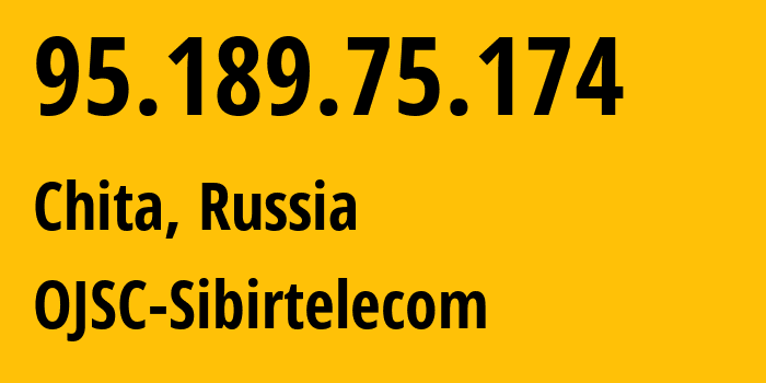 IP address 95.189.75.174 (Chita, Transbaikal Territory, Russia) get location, coordinates on map, ISP provider AS12389 OJSC-Sibirtelecom // who is provider of ip address 95.189.75.174, whose IP address