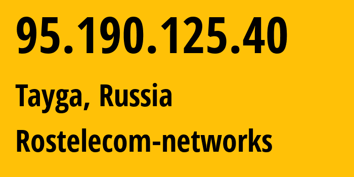 IP address 95.190.125.40 (Tayga, Kemerovo Oblast, Russia) get location, coordinates on map, ISP provider AS12389 Rostelecom-networks // who is provider of ip address 95.190.125.40, whose IP address