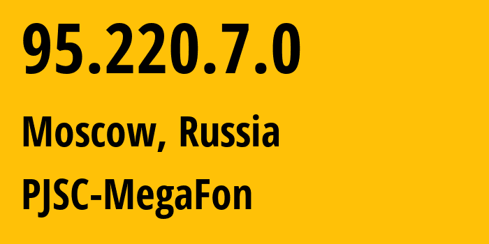 IP address 95.220.7.0 (Moscow, Moscow, Russia) get location, coordinates on map, ISP provider AS12714 PJSC-MegaFon // who is provider of ip address 95.220.7.0, whose IP address