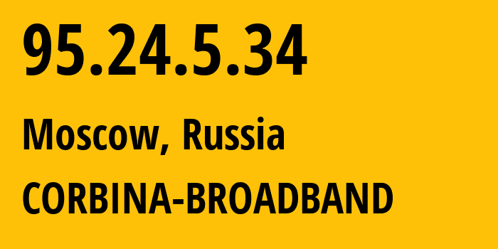 IP-адрес 95.24.5.34 (Москва, Москва, Россия) определить местоположение, координаты на карте, ISP провайдер AS8402 CORBINA-BROADBAND // кто провайдер айпи-адреса 95.24.5.34