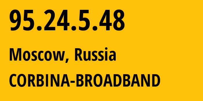 IP address 95.24.5.48 (Moscow, Moscow, Russia) get location, coordinates on map, ISP provider AS8402 CORBINA-BROADBAND // who is provider of ip address 95.24.5.48, whose IP address