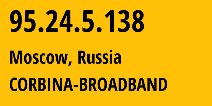 IP address 95.24.5.138 (Moscow, Moscow, Russia) get location, coordinates on map, ISP provider AS8402 CORBINA-BROADBAND // who is provider of ip address 95.24.5.138, whose IP address