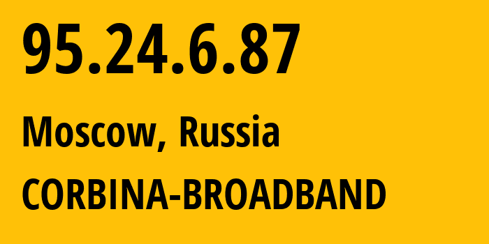 IP address 95.24.6.87 (Moscow, Moscow, Russia) get location, coordinates on map, ISP provider AS8402 CORBINA-BROADBAND // who is provider of ip address 95.24.6.87, whose IP address