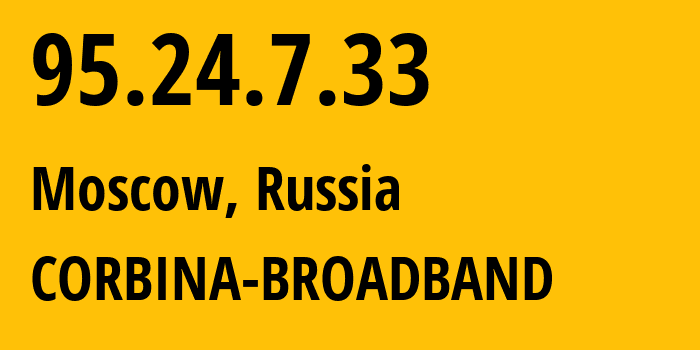 IP-адрес 95.24.7.33 (Москва, Москва, Россия) определить местоположение, координаты на карте, ISP провайдер AS8402 CORBINA-BROADBAND // кто провайдер айпи-адреса 95.24.7.33