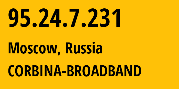 IP address 95.24.7.231 (Moscow, Moscow, Russia) get location, coordinates on map, ISP provider AS8402 CORBINA-BROADBAND // who is provider of ip address 95.24.7.231, whose IP address