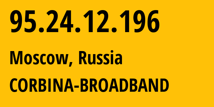 IP address 95.24.12.196 (Moscow, Moscow, Russia) get location, coordinates on map, ISP provider AS8402 CORBINA-BROADBAND // who is provider of ip address 95.24.12.196, whose IP address