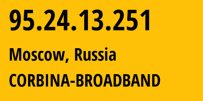 IP address 95.24.13.251 (Moscow, Moscow, Russia) get location, coordinates on map, ISP provider AS8402 CORBINA-BROADBAND // who is provider of ip address 95.24.13.251, whose IP address