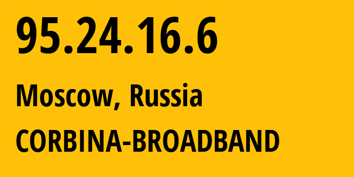 IP address 95.24.16.6 (Moscow, Moscow, Russia) get location, coordinates on map, ISP provider AS8402 CORBINA-BROADBAND // who is provider of ip address 95.24.16.6, whose IP address