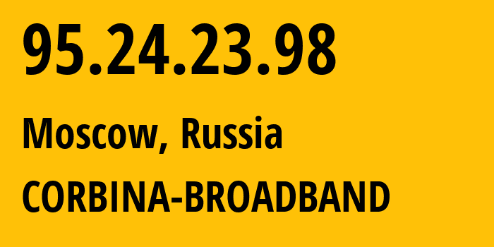IP address 95.24.23.98 (Moscow, Moscow, Russia) get location, coordinates on map, ISP provider AS8402 CORBINA-BROADBAND // who is provider of ip address 95.24.23.98, whose IP address