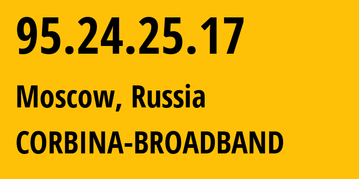 IP-адрес 95.24.25.17 (Москва, Москва, Россия) определить местоположение, координаты на карте, ISP провайдер AS8402 CORBINA-BROADBAND // кто провайдер айпи-адреса 95.24.25.17