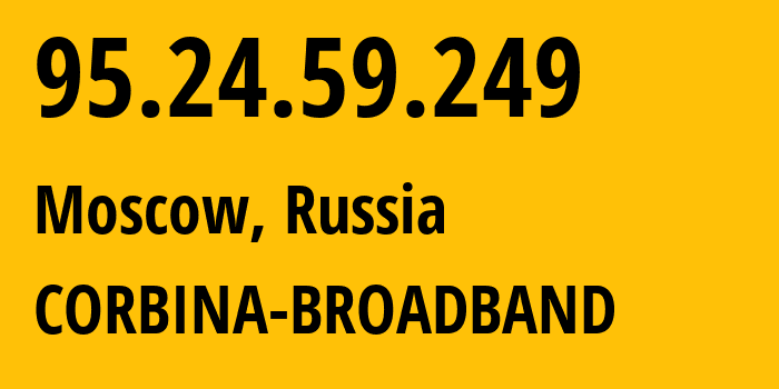 IP-адрес 95.24.59.249 (Москва, Москва, Россия) определить местоположение, координаты на карте, ISP провайдер AS8402 CORBINA-BROADBAND // кто провайдер айпи-адреса 95.24.59.249
