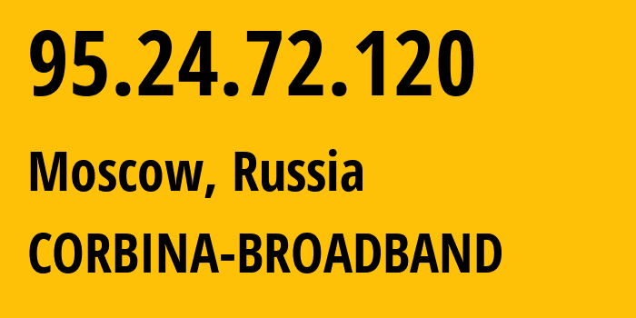 IP address 95.24.72.120 (Moscow, Moscow, Russia) get location, coordinates on map, ISP provider AS8402 CORBINA-BROADBAND // who is provider of ip address 95.24.72.120, whose IP address